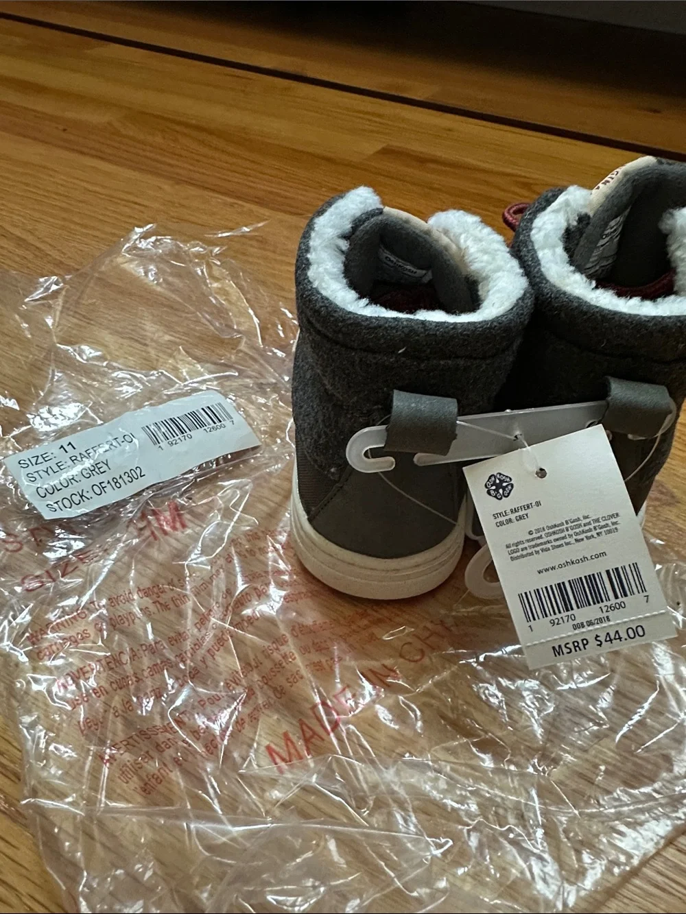 OshKosh B'gosh Brown and Gray Kids Cozy Lined Boots with Red Laces